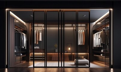 Luxury, modern design of walk in closet with stainless frame, wooden wardrobe, generative AI