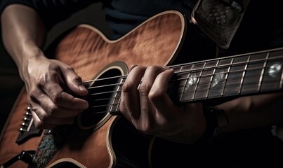 Fototapeta premium Man's hands play guitar Band, generative AI