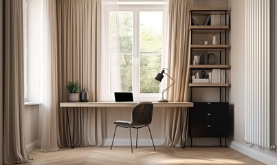 Fototapeta na wymiar Minimal built in beige working desk with computer, shelf, black steel chair, blank cream wall, generative AI