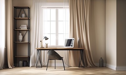 Minimal built in beige working desk with computer, shelf, black steel chair, blank cream wall, generative AI