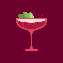 Margarita dessert glass. Non-alcoholic drink with mint and cream. Red cocktail for event and celebration. Flat vector illustration with texture. simple retro poster