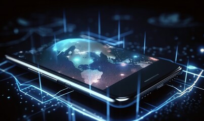 Mobile smart phone with global network connection, Technology, innovative and communication concept, generative AI