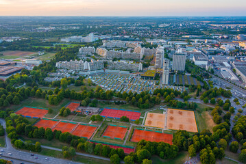 Sunset aerial view of residential district and tennis courts in München, Germany