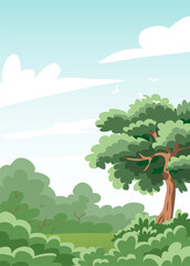 Summer landscape of nature. Green tree, forest, and blue sky. Rural scener. Cartoon vector illustration