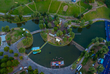 Sunset aerial view of Olympiasee in German town München