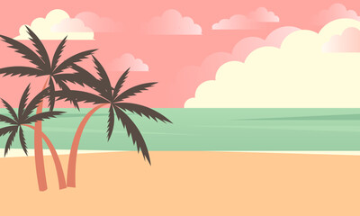 Fototapeta na wymiar Tropical summer beach with palms and pink sky. Seaside landscape, tropical beach relax or seaside landscape.