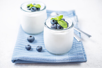 Greek yogurt blueberry parfaits with fresh berries and mint leaves