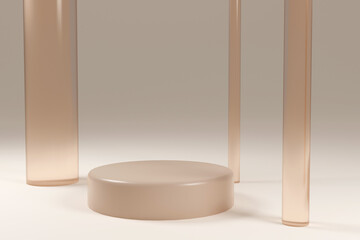 Column podiums in light beige color. Mock up scene to show products. Showcase, shopfront, display case. 3d render.