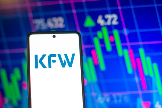Galati, Romania - March 28, 2023: Smartphone with  KfW Bankengruppe Bank logo.  KfW Bankengruppe Bank stock chart on the background
