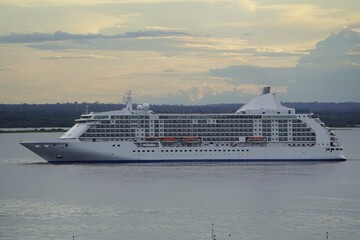 Cruise ship on the Rio Negro towards the port of Manaus, Amazonas, Brazil