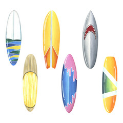 Multicolored, bright surfboards in yellow, orange, grey, blue and pink. Watercolor illustration. Set of isolated elements on a white background. For posters, postcards, beach and summer design
