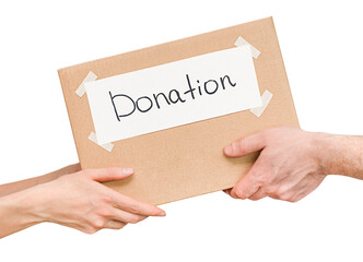 handing over a donation box from hand to hand, on a white isolated background
