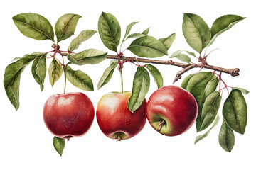 a spring-themed watercolor illustration of juicy green and red apples on a branch with leaves on a transparent PNG background. Generative AI