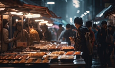 People shopping at night market fare, Defocused blur background, generative AI