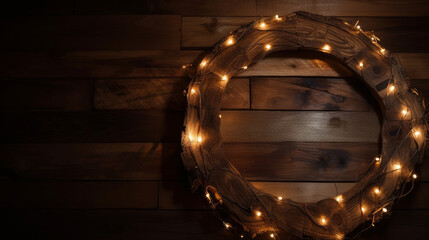 Dark Wooden Background with Christmas Lights. Illustration AI Generative