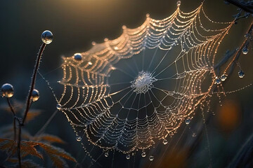 big spider web looking real, got wet by rain which is why water drops hang on it created with Generative AI technology