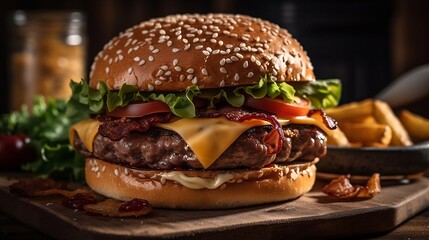 A juicy hamburger with cheese and bacon on a sesame bun