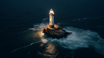 Aerial image of a Lighthouse in the middle of sea at night. Created with Generative AI.	