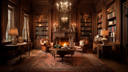 Traditional Library in an English Manor. Created with Generative AI.	 - 586360130