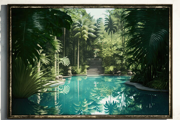 a beautiful framed picture, swimming pool surrounded by forest trees and shrubs created with Generative AI technology