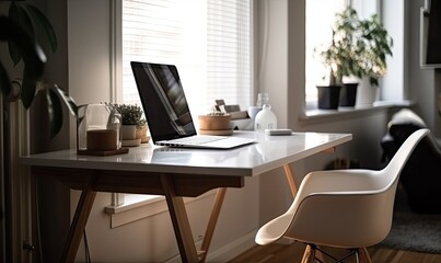 Table with laptop in home office interior, generative AI