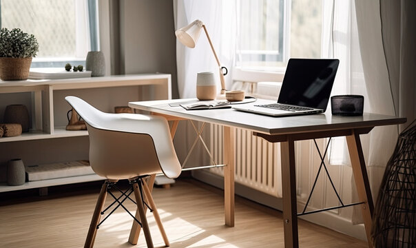 Table with laptop in home office interior, generative AI
