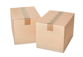 two closed cardboard boxes on a white isolated background