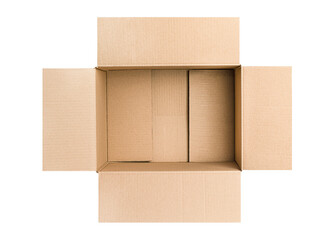 one open empty cardboard box on a white isolated background, top view