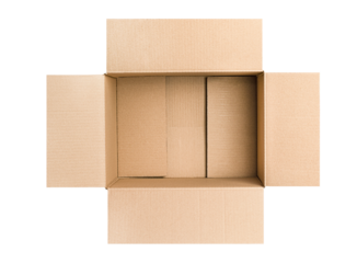 one open empty cardboard box on a white isolated background, top view