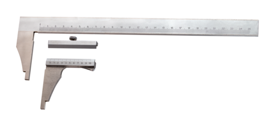 Caliper with fine scale for workshop measurements. Ability to move the slider. Isolated background.