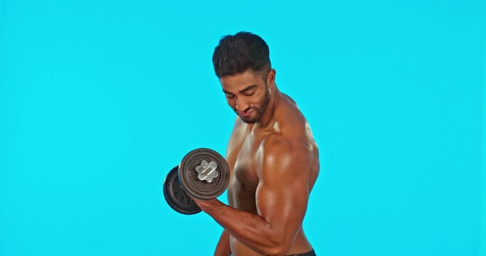 Fitness, weightlifting and flex with indian man in green screen studio for workout, muscle and power. Strong, exercise and training with male on blue background for sports, dumbbell and confidence