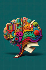 Colorful Brain, gears, pastels, books, intelligence