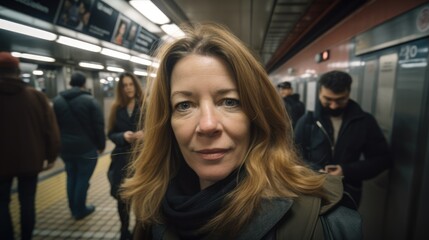 Attractive mature woman looking at the camera posing at the subway. Generative AI