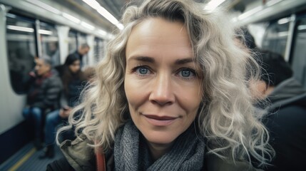 Attractive mature woman looking at the camera posing at the subway. Generative AI