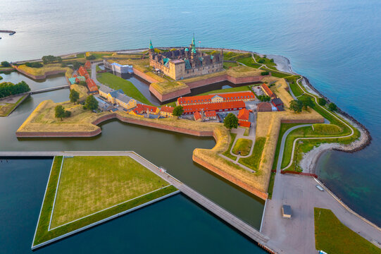 Panorama sunset view of the Kronborg castle at Helsingor, Denmark