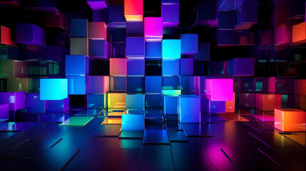 Abstract background of neon colored cubes. A dark background with colorful cubes. Generative AI