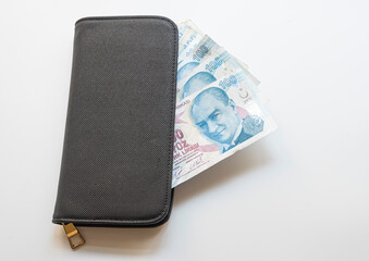 Turkish Lira banknotes in wallet. economy concept on background.selective focus.