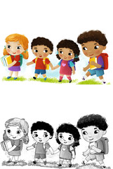 cartoon scene with school kids pupils together having fun learning on white background illustration for children