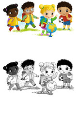 cartoon scene with school kids pupils together having fun learning on white background illustration for children