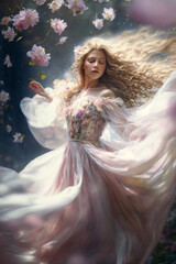 Beautiful young woman in a flowing ethereal dress.  Created with Generative AI.	