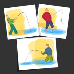 Men fishing. The fishermen are catching fish. Three sketches. Vector set