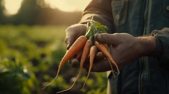 a farmer harvests in the garden and holds a carrot in his hands. Generative AI