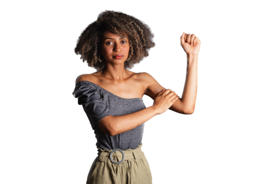 Brazilian black woman, high clenched fist, sign of militancy, feminism, fight against racism and domestic violence. Power women.