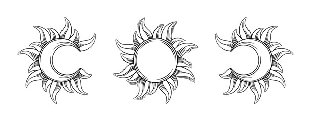 Aesthetic tarot set. Spiritual tarot elementsof sun and crescent moon. Vector illustration isolated in white background
