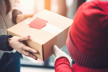 A man's hand gives an empty recycled paper cardboard box shopping for a woman. Delivery box mockup for branding design concept. generative AI