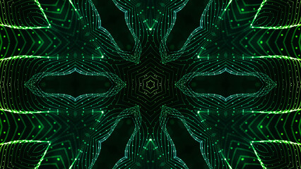 3d render. Green motion design background with symmetrical star pattern. Abstract sci-fi bg with glow particles form curved lines, surfaces, hologram or virtual digital space. Floral structure