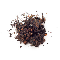 A bunch of chinese puer tea, isolated on a white background, close up. Black puer Tea use for weight loss, caffeine alternative and improving heart health.