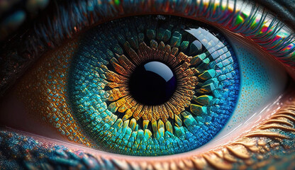 Human eye iris close-up, colorful photorealistic detailed painting, psychedelic art