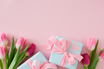 Flat lay photo of gift boxes with bows pink tulips flowers on isolated pastel pink background with empty space. Mother's Day mood concept.