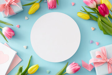Flat lay composition of white circle gift boxes with bows postcard with hearts and pink tulips flowers on isolated pastel blue background with blank space. Happy Mother's Day celebration idea